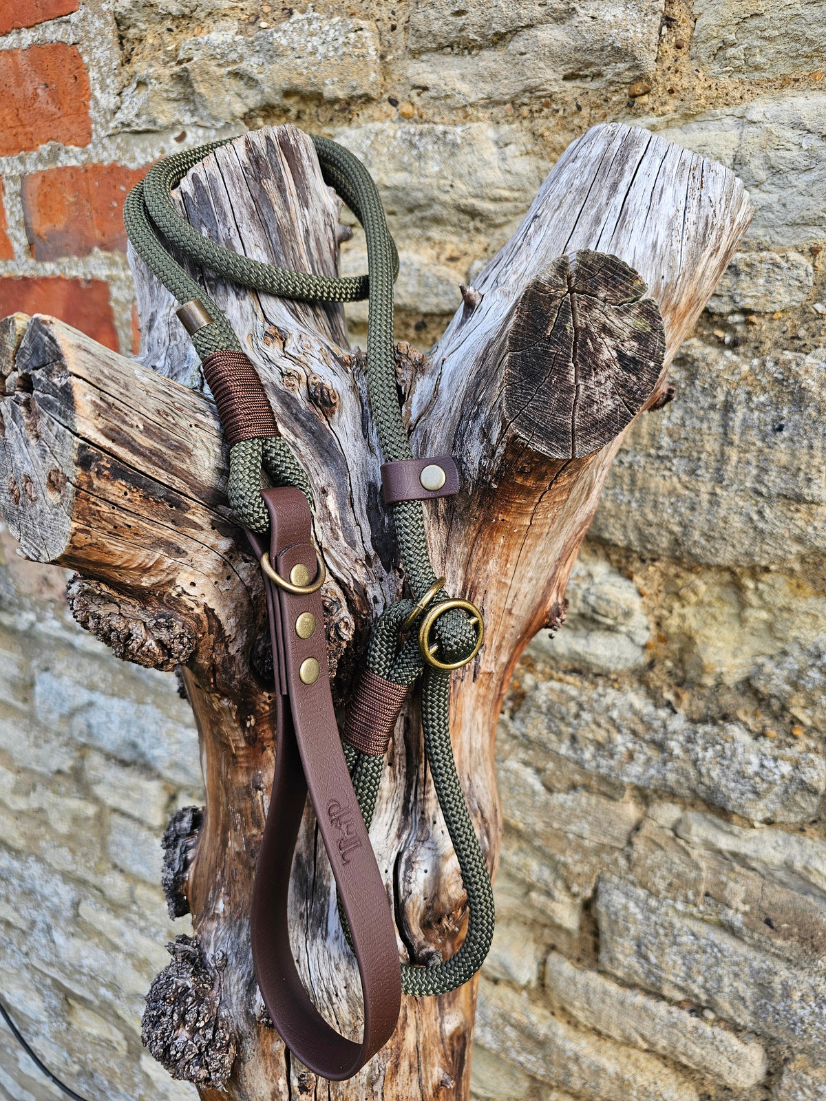 Army Green & Dark Brown - Classic Rope Slip Lead / Figure 8 Dog Lead